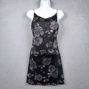 VTG Ecru Studio Dress Womens M Black Floral Y2K Mini Beaded Whimsigoth Fairy